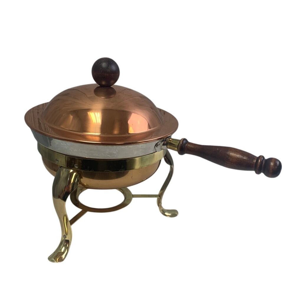 Vintage Copper Color Chafing Dish w Stand Sterno Holder Lid and Instructions